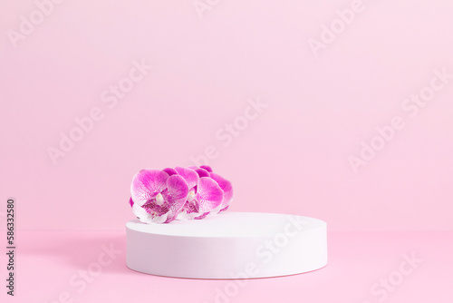 White round podium pedestal cosmetic beauty product goods branding design presentation empty mockup on light pink background with shadows and beautiful pink orchid flowers  cosmetic mockup