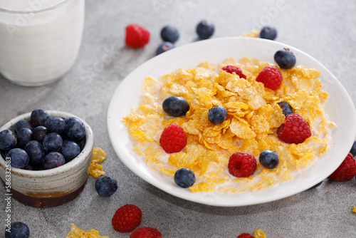 Delicious corn flakes garnished with raspberries and blueberries on a gray background for a hearty breakfast.