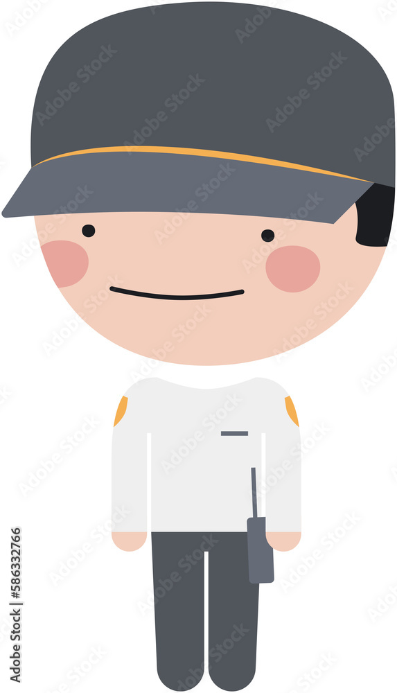 Guardia de seguridad privada con uniforme, sombrero y walkie talkie - obrazy, fototapety, plakaty 