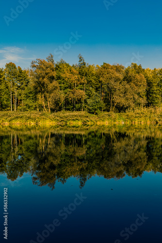 Beautiful autumn panorama of forest and reflections in the lake in Zalesie near Warsaw, Poland 