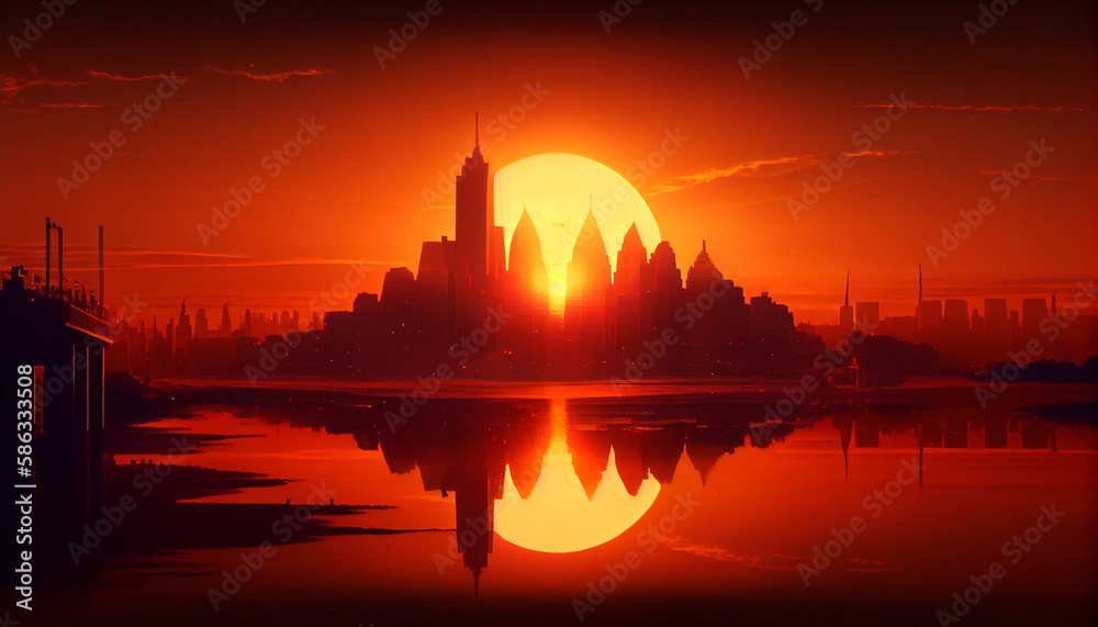 Naklejka premium Beautiful sunset landscape. Realistic illustration