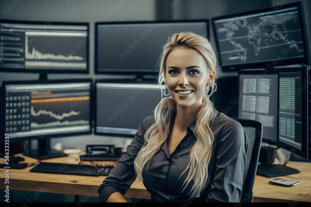 Business woman sitting in front of computer, smiling data analyst Business woman sitting in front of computer, smiling data analyst