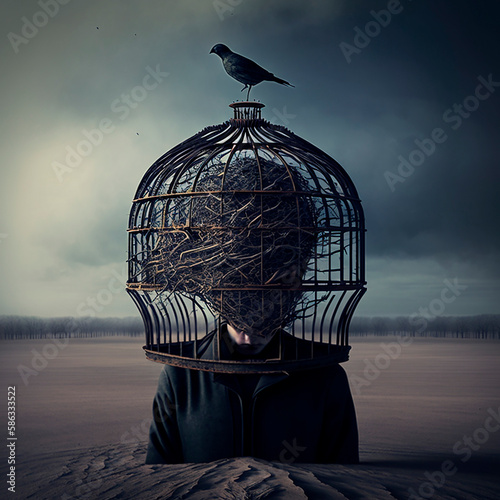 Surreal scene of a person with birdcage instead of head. Realistic illustration