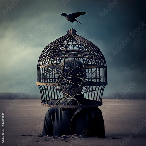 Surreal scene of a person with birdcage instead of head. Realistic illustration photo