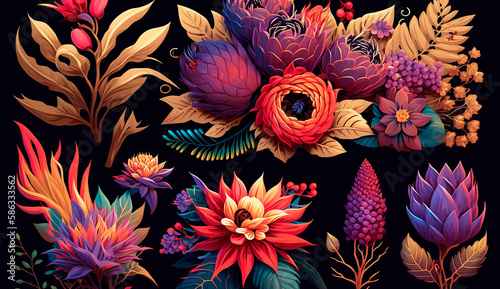 Vibrant floral arrangements and decoration. Realistic illustration