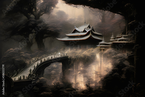 Japoński pałac w mrocznej scenerii, abstrakcja. Generative AI