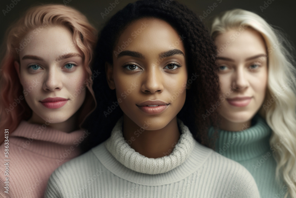 three young women, young adults or teenagers, around 20 years old, multi-ethnic, friends or group in a row next to each other, contentment and closeness. Generative AI three young women, young adults or teenagers, around 20 years old, multi-ethnic, friends or group in a row next to each other, contentment and closeness. Generative AI