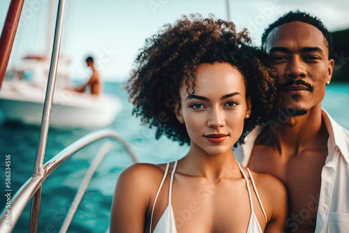 young adult woman in bikini and young adult man with shirt open, on a boat or yacht in the sea near a coast on an island, fictional location. Generative AI