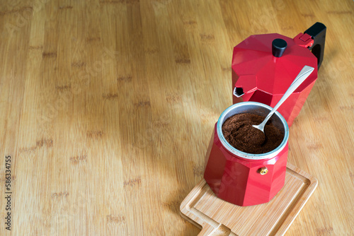 Red geyser coffee maker. Delicious and aromatic coffee.