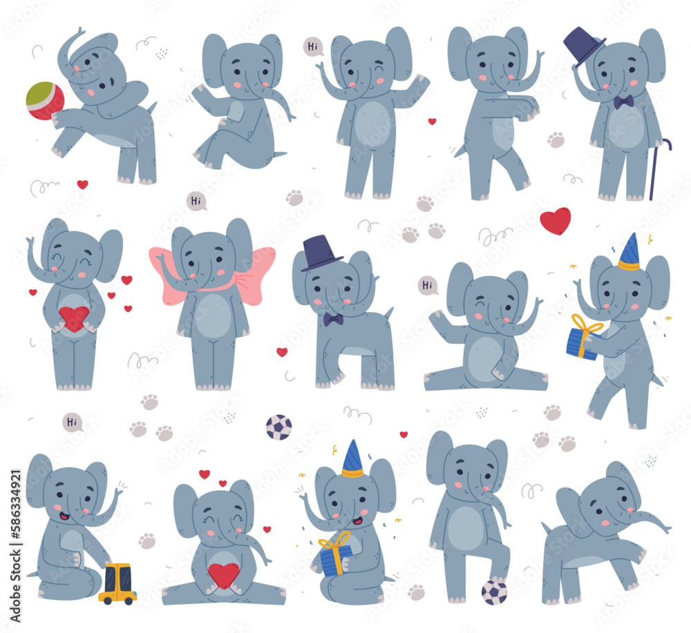 Funny Elephant with Large Ear Flaps and Trunk Engaged in Different Activity Vector Set