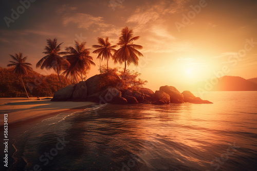 Paradise Island with Palm Trees at Sunset