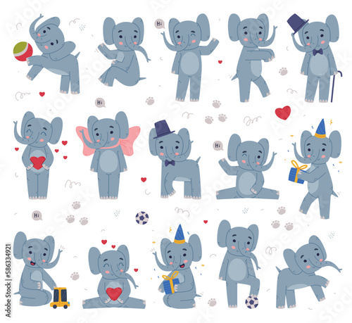Funny Elephant with Large Ear Flaps and Trunk Engaged in Different Activity Vector Set