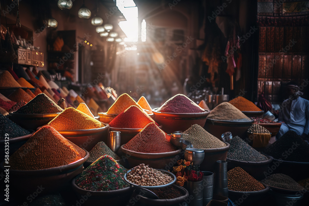 The Flavors and Aromas of a Bustling Moroccan Market in Marrakech, Africa souk atmosphere with