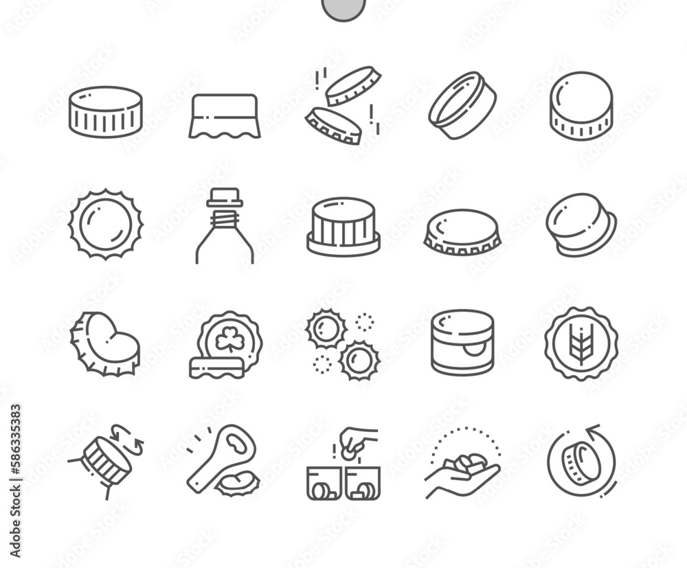 Bottle caps. Reuse plastic caps. Different types of cap. Pixel Perfect