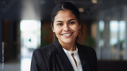 Portrait of a Well Dressed Professional Indigenous First Nations Businesswoman in a Modern Office. Smiling Female Native American Businesswoman Wearing a Business Suit in the Workplace. Generative AI. photo