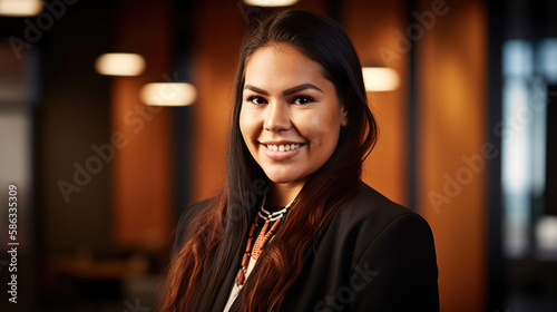 Portrait of a Well Dressed Professional Indigenous First Nations Businesswoman in a Modern Office. Smiling Female Native American Businesswoman Wearing a Business Suit in the Workplace. Generative AI. photo