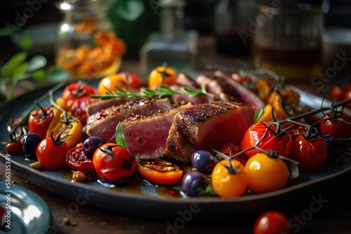 Artful Tuna Gourmet Dishe. Seared tuna, roasted bell peppers, cherry tomatoes, artichokes, balsamic reduction, garnished with fresh herbs. Gastronomic concept ai generative