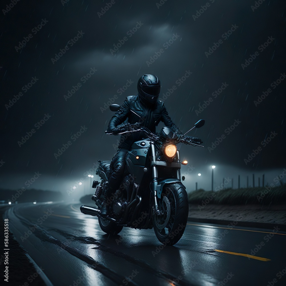 Dark Motorcycle on Road - obrazy, fototapety, plakaty 