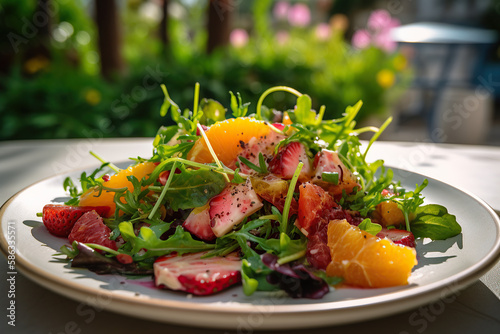Fresh Garden Delight. A close-up shot of a colorful salad made with heirloom tomatoes, strawberries, citrus fruits and arugula with a garden background. Food and healthy eating concept. AI Generative photo