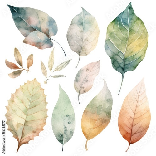 Set of isolated watercolor leaves clipart.Created with generative AI © ku4erashka