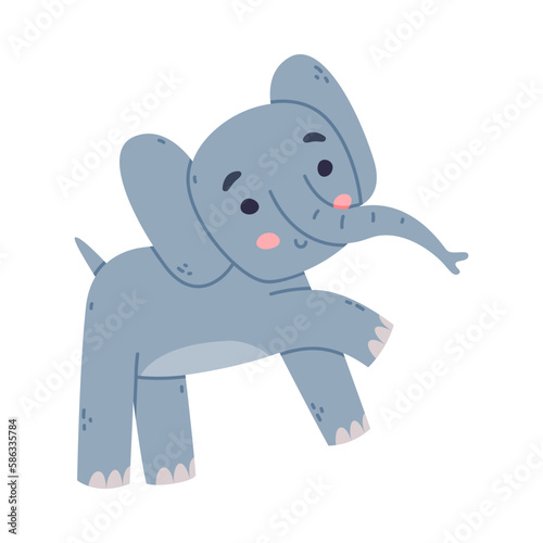 Funny Elephant with Large Ear Flaps and Trunk Stamping and Smiling Vector Illustration