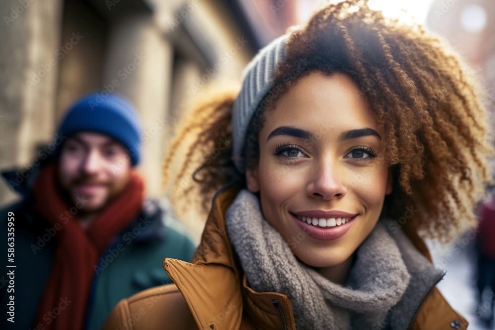 adult woman and man in winter with her girlfriend outside in a city, winter jacket and winter scarf. Generative AI adult woman and man in winter with her girlfriend outside in a city, winter jacket and winter scarf. Generative AI
