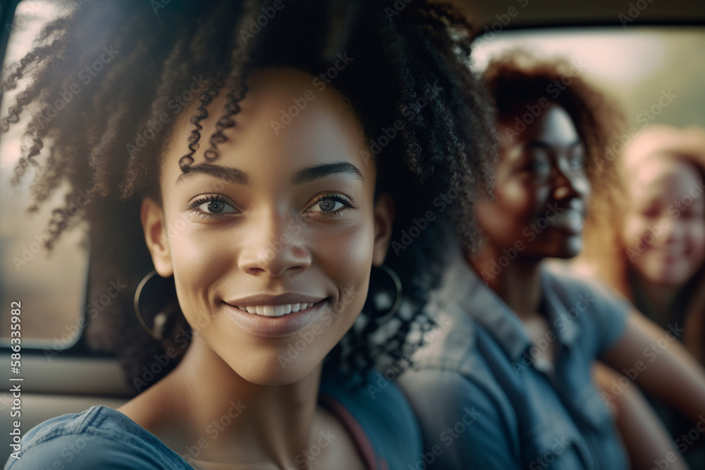 young adult woman sitting in car, trip by car, sunny weather, passenger seat. Generative AI young adult woman sitting in car, trip by car, sunny weather, passenger seat. Generative AI