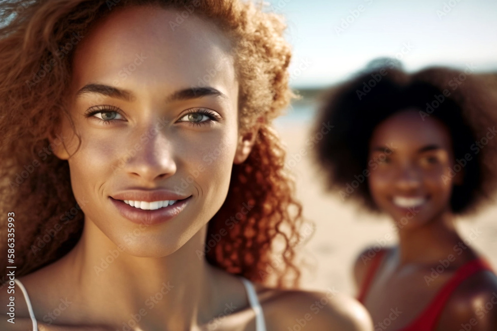 friends on the beach, fictional place. Generative AI friends on the beach, fictional place. Generative AI