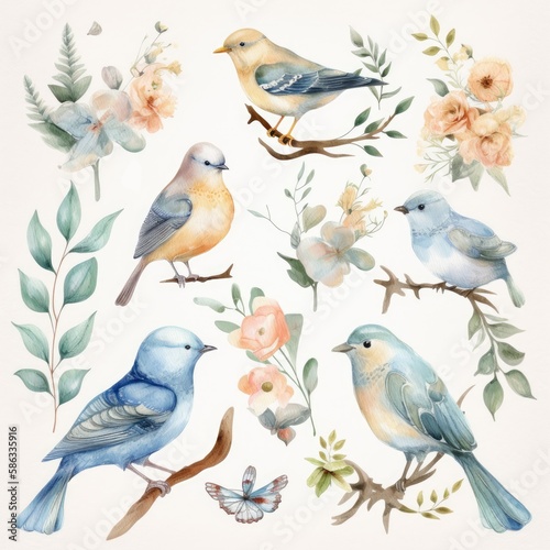 Wallpaper Mural Set of watercolor isolated birds on branches clipart.Created with generative AI Torontodigital.ca