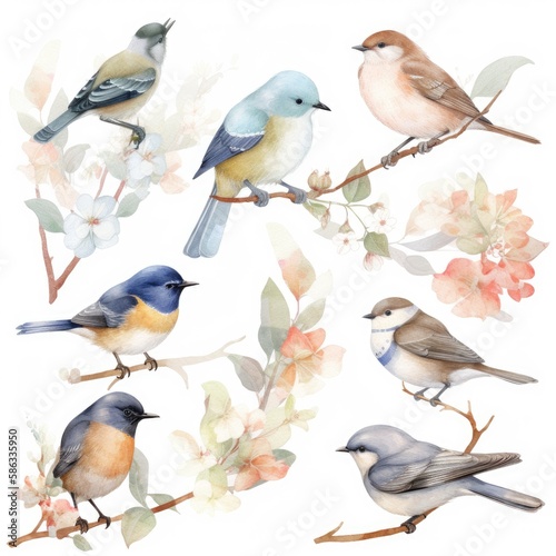 Set of watercolor isolated birds on branches clipart.Created with generative AI © ku4erashka