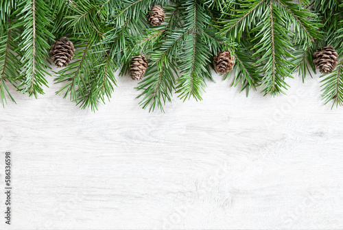 Background of Christmas tree branches. Christmas banner with twigs and cones on top.
