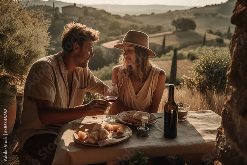 Vineyard Romance. A couple sipping wine and nibbling on cheese at a vineyard. Wine tasting and romantic concept. AI Generative