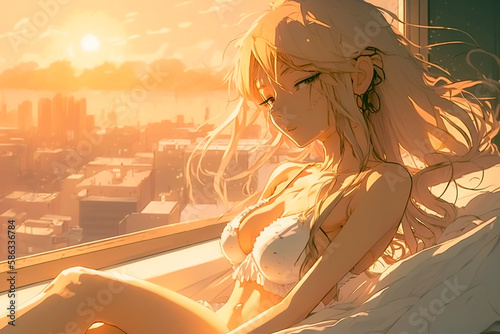 Anime Girl enjoying the bright summer days in an urban setting. Created with Generative AI.