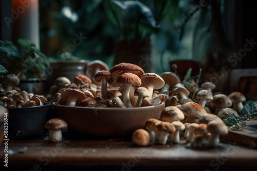Mushroom Delights. A culinary shot of various types of edible mushrooms. Gastronomy and nature concept. AI Generative