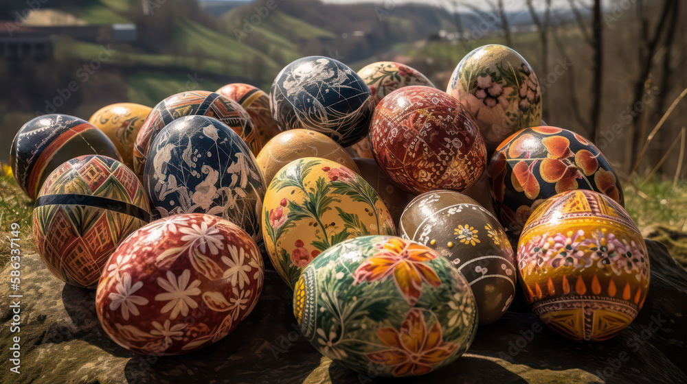 Traditional painted Easter eggs in the open air with low camera position Traditional painted Easter eggs in the open air with low camera position