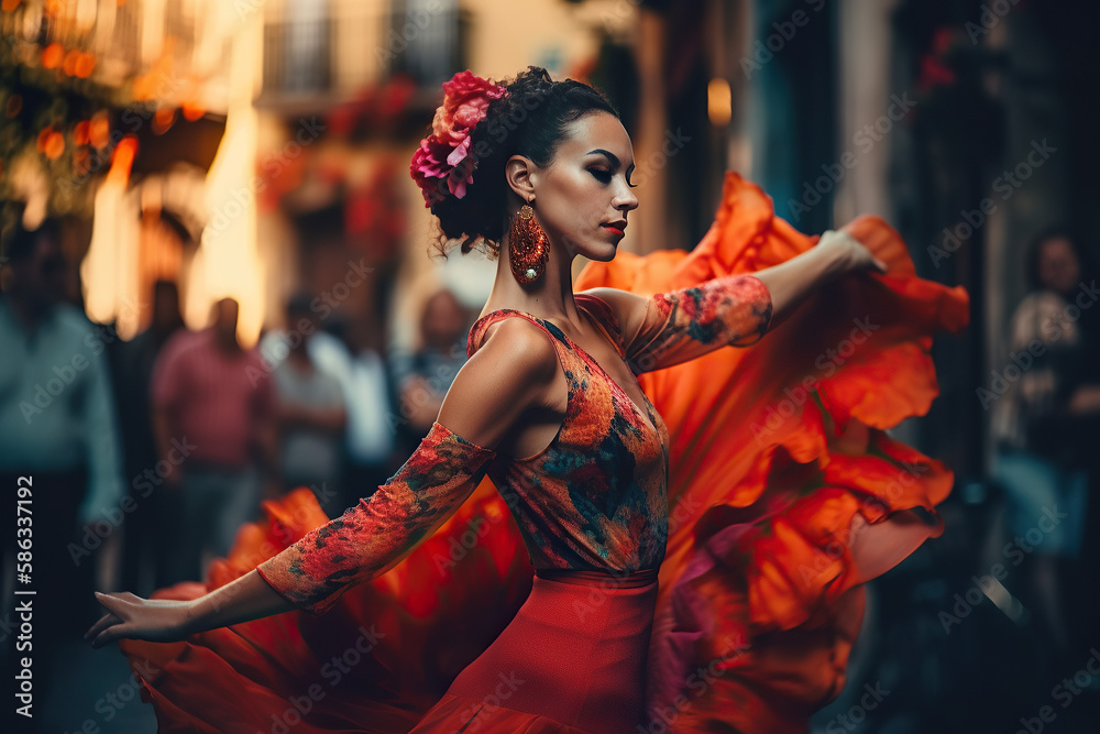Obraz premium A passionate flamenco dancer is seen twirling and moving gracefully in a colorful Spanish street, embodying the essence of Andalusian culture | Flamenco in the Streets of Andalusia AI GENERATIVE