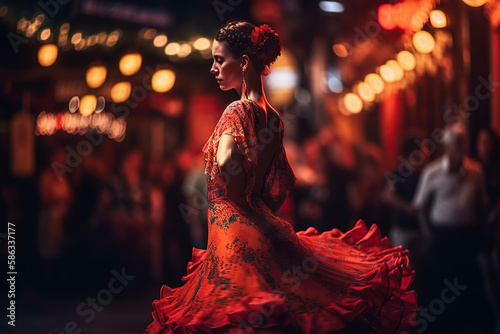 A passionate flamenco dancer is seen twirling and moving gracefully in a colorful Spanish street, embodying the essence of Andalusian culture | Flamenco in the Streets of Andalusia AI GENERATIVE photo
