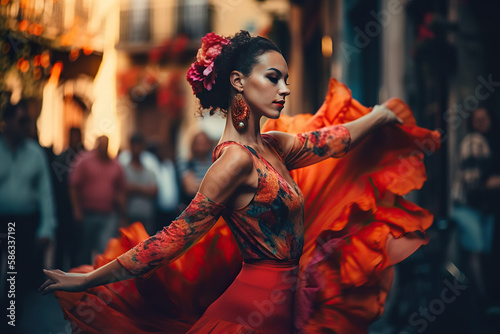 A passionate flamenco dancer is seen twirling and moving gracefully in a colorful Spanish street, embodying the essence of Andalusian culture | Flamenco in the Streets of Andalusia AI GENERATIVE photo