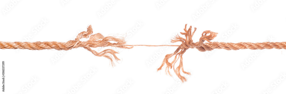 Long frayed rope near to break. Isolated png with transparency Stock Photo