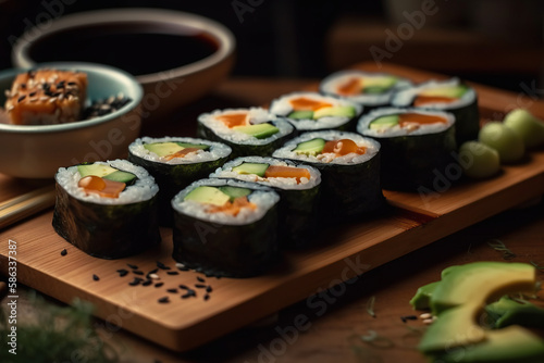 A delicious flat lay of vegan sushi rolls, featuring fresh cucumber and avocado slices wrapped in sushi rice and nori sheets | AI Generative 
