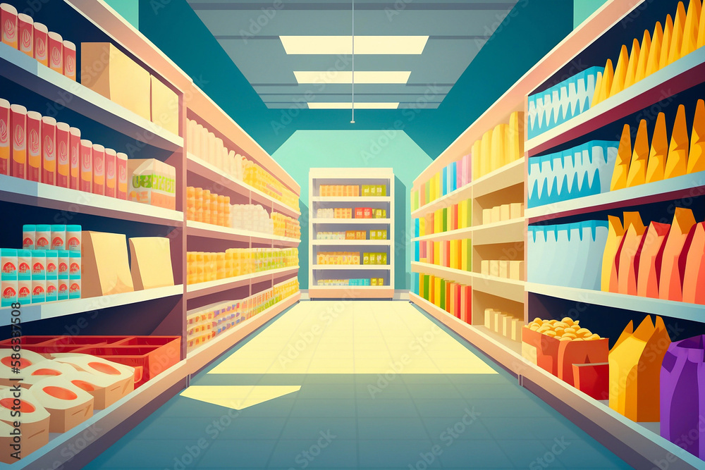 Supermarket aisle with colorful shelves. Generative AI