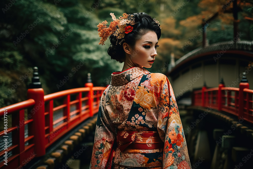 The Beauty and Elegance of  a Geisha walking across a bridge over a peaceful river. Japan. Capturing Japanese Culture and Tradition - AI Generative