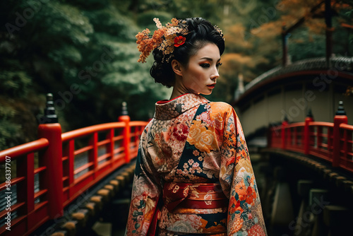 Fototapet The Beauty and Elegance of  a Geisha walking across a bridge over a peaceful river