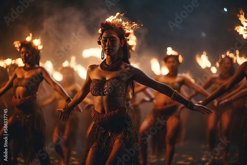 Enchanting Rhythm. Group of Balinese dancers performing the Kecak fire dance. Cultural and mesmerizing performance concept. AI Generative