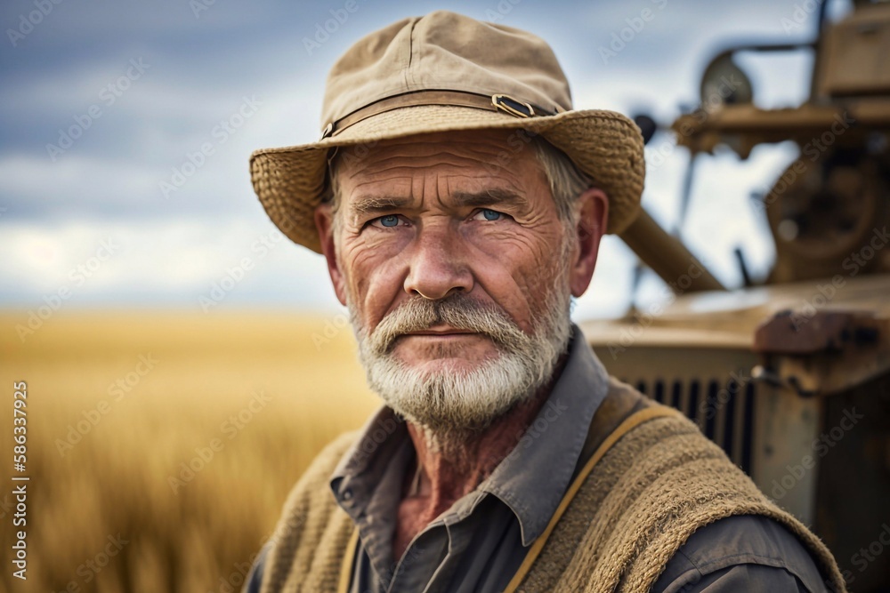 Middle-aged farmer with his harvest in the background, wheat fields. Generative AI