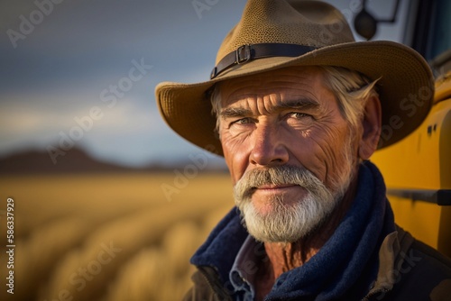 Close up portrait of happy smiling caucasian old farmer in front of his wheat field. Generative AI © Andrii 