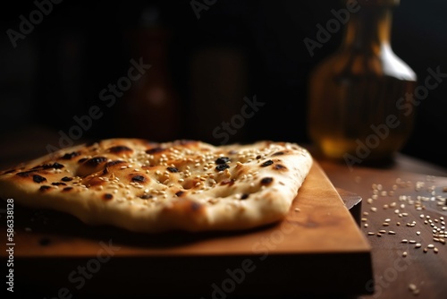 close-up shot of freshly baked naan bread on a tray photo