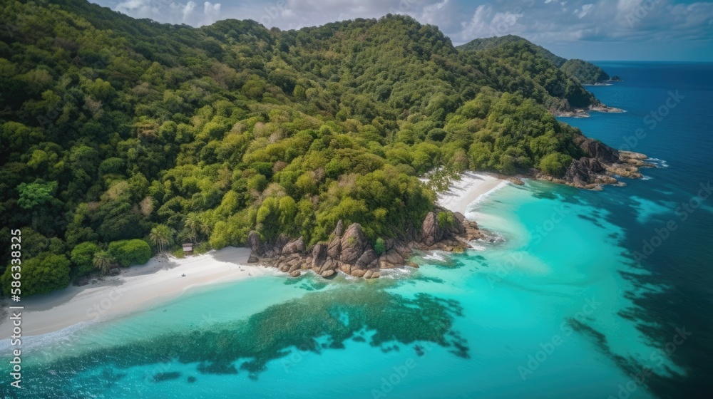 Serene Aerial View of Crystal-Clear Turquoise Water and Island