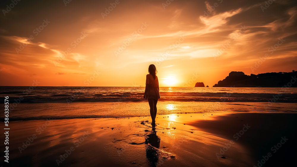 A silhouette of a young woman standing on a beach, on the seashore, vacation, relax, enjoy, sun, sunscreen, loneliness, live, Generative AI