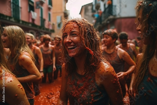La Tomatina Festival: A Colorful and Messy Celebration of Spanish Tradition and Culture.Spain's Famous Tomato Fight Festival Ai Generative	
 photo